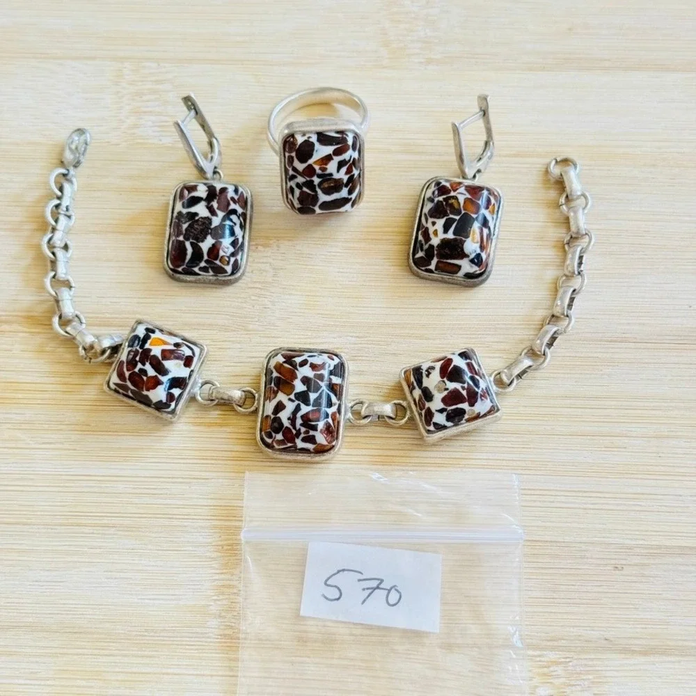 VTG BOHO Amber Matching Set Bracelet Ring Earrings Silver Tone Mosaic Inlaid 90s